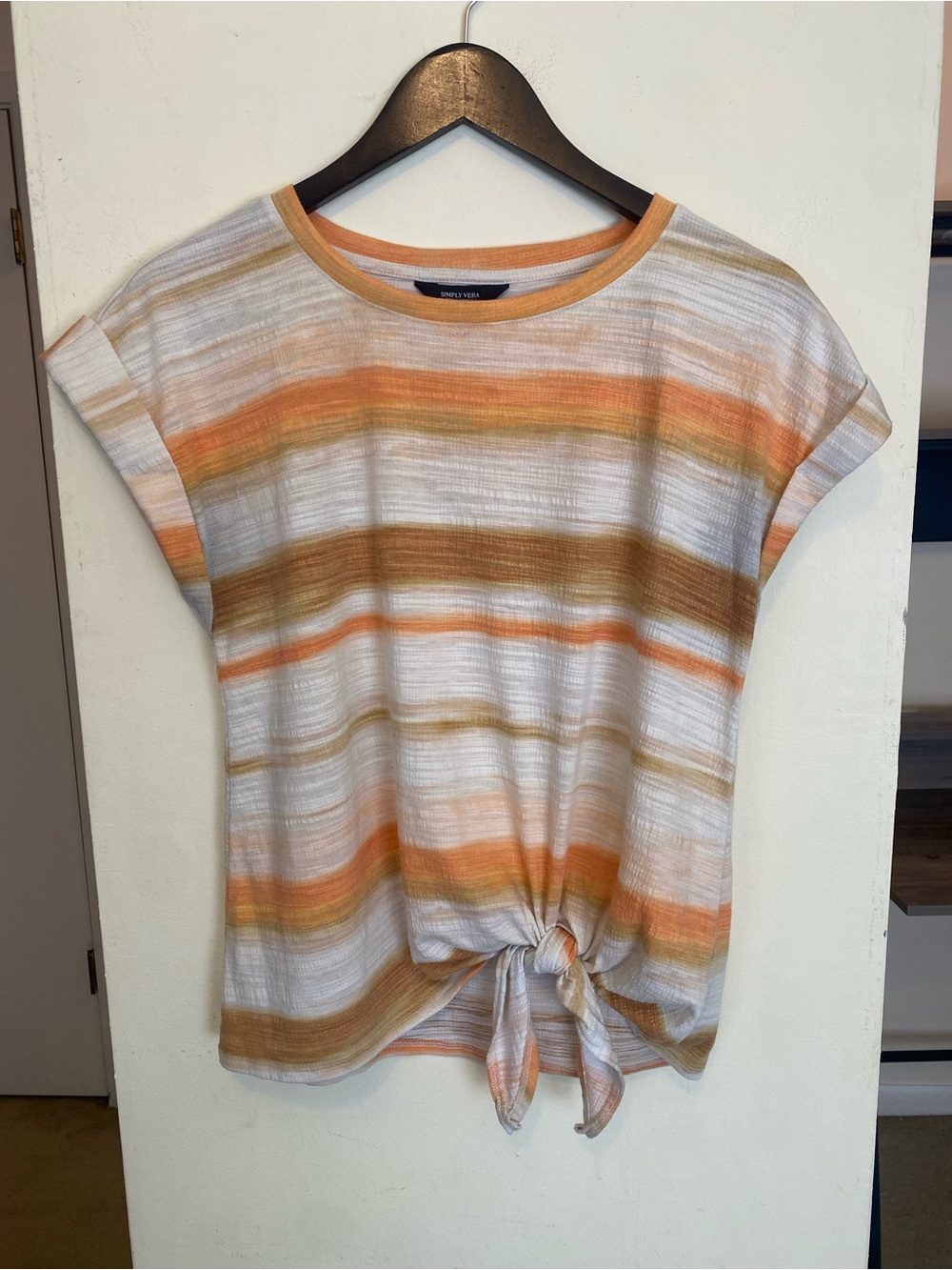 Simply Vera Wang Orange Striped Tie Front Top Women’s Small Crinkle Gauze Shirt